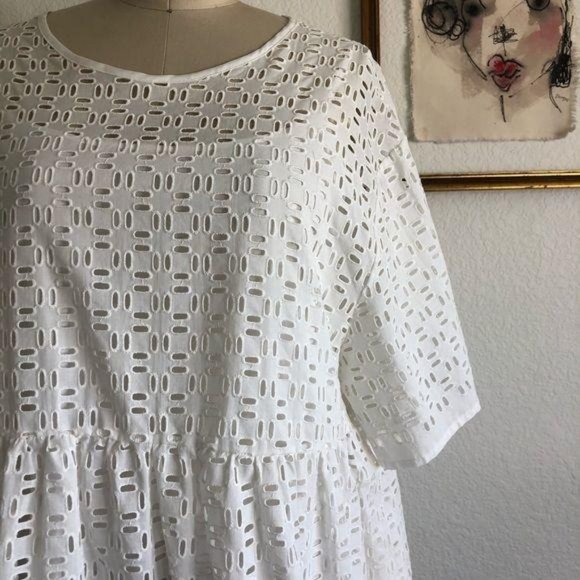 AVN Cotton Eyelet Tent Dress Tessuto Abito Arricci - Picture 2 of 7